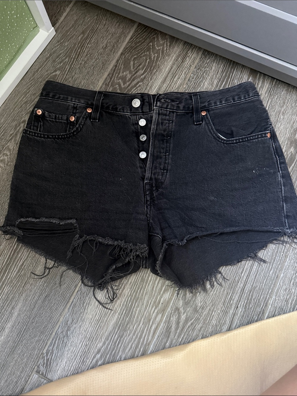 Levi's Black Distressed Button-Fly Denim Shorts